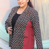 Black Cotton Blazer with Red & White Bagru Handblock Printed Booti