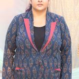 Ajrakh Indigo Handblock Printed Cotton Blazer with Maroon Collar