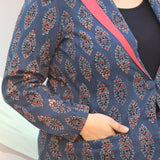 Ajrakh Indigo Handblock Printed Cotton Blazer with Maroon Collar