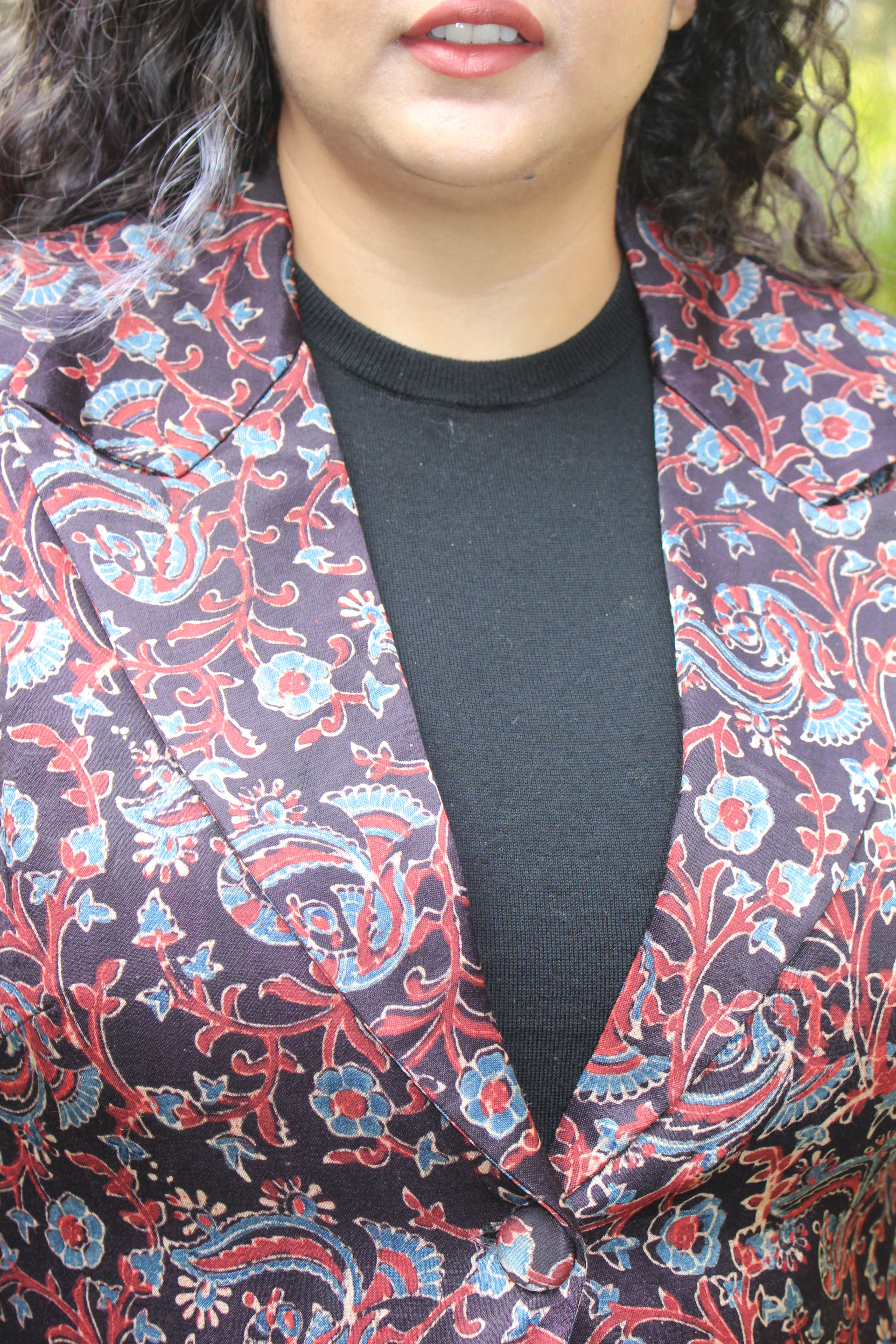 Black Ajrakh Handblock Printed Mashru Silk Blazer-Floral