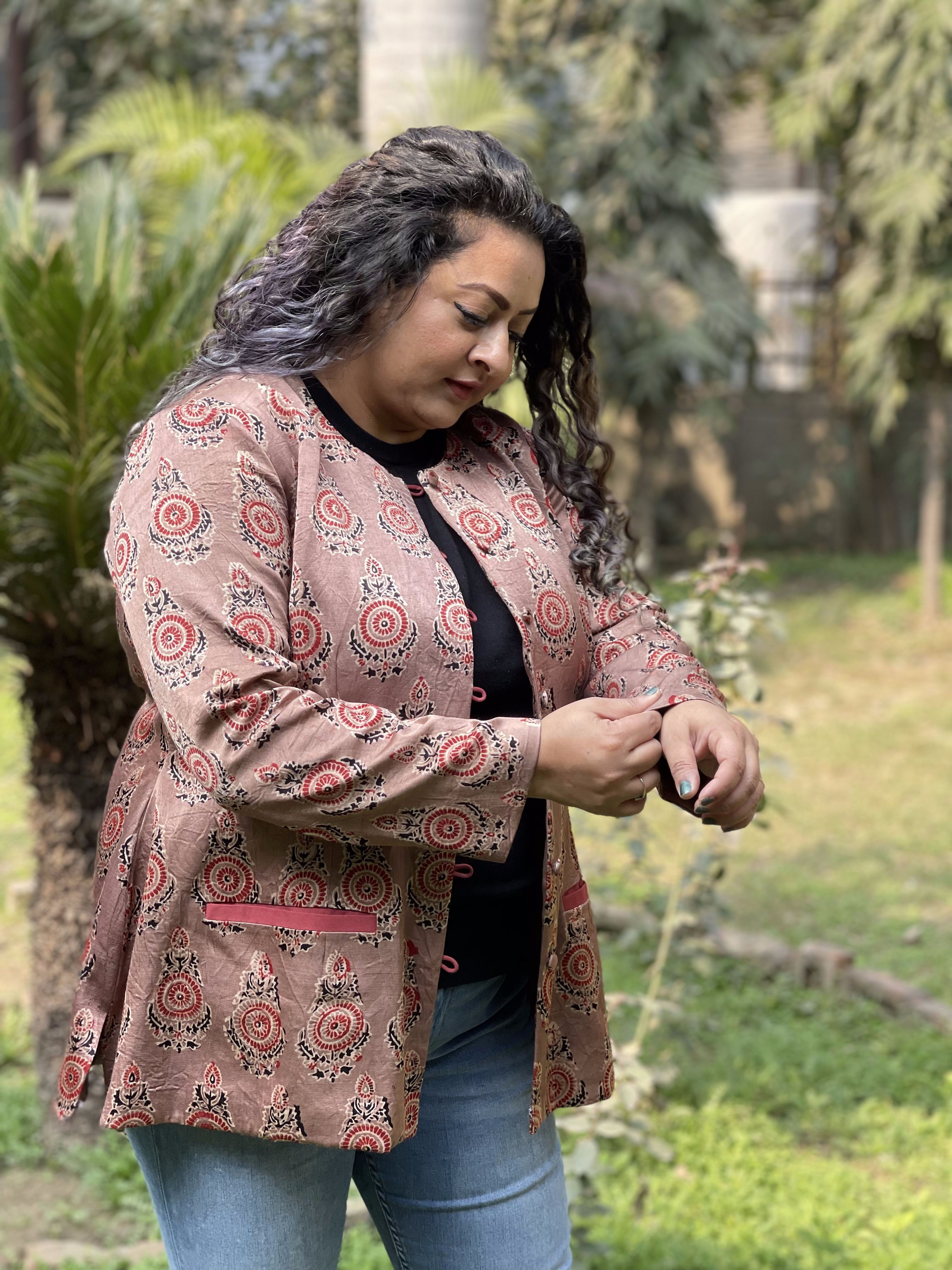 Rose Pink Ajrakh Handblock Printed Mashru Silk Blazer